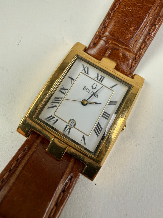 Bulova Tank Watch Men 26mm White Dial Gold Tone Date Rectangle 97B41