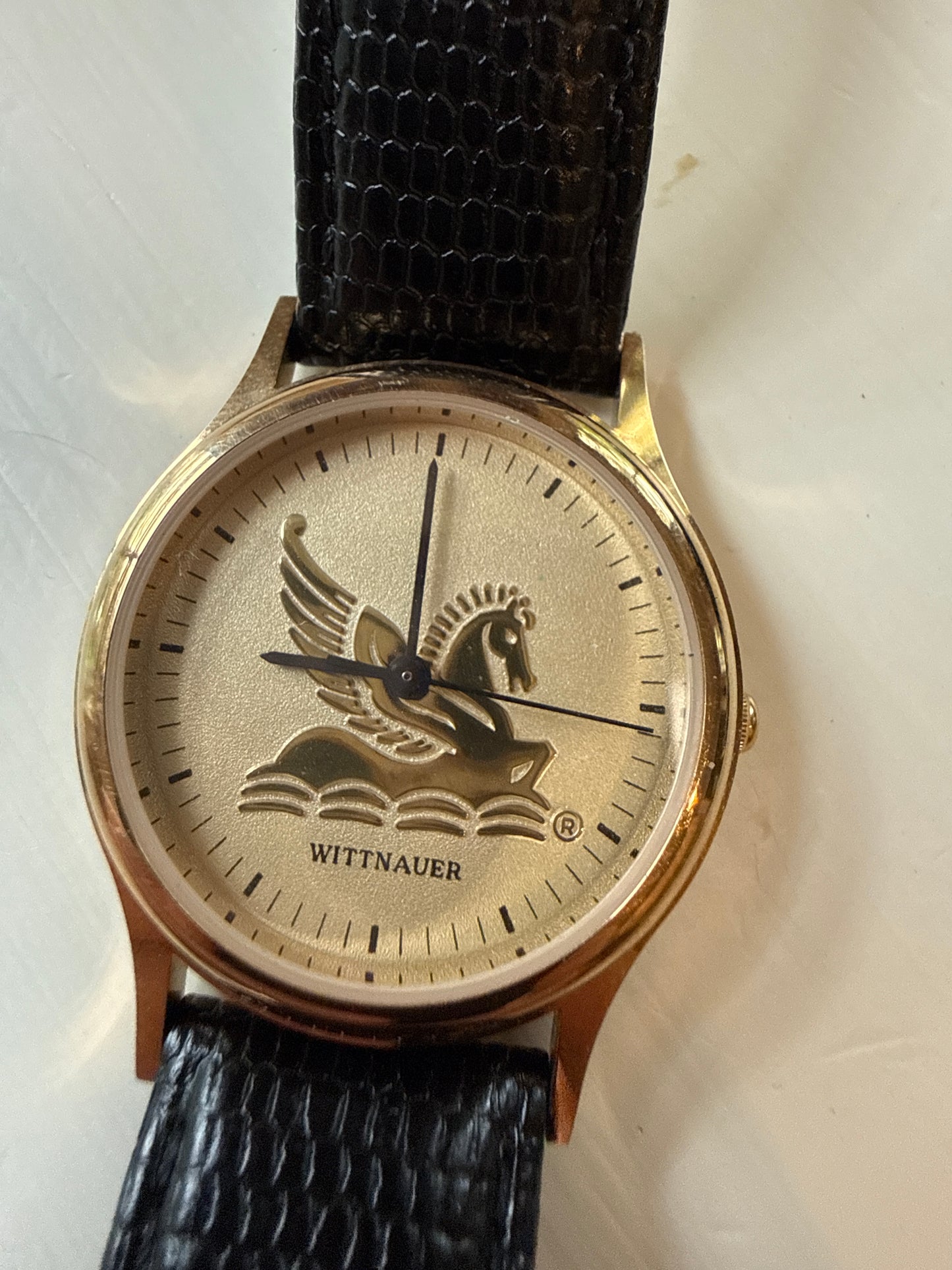 Wittnauer Pegasus Mens Dress Watch 33mm Gold Tone Dial Black Leather