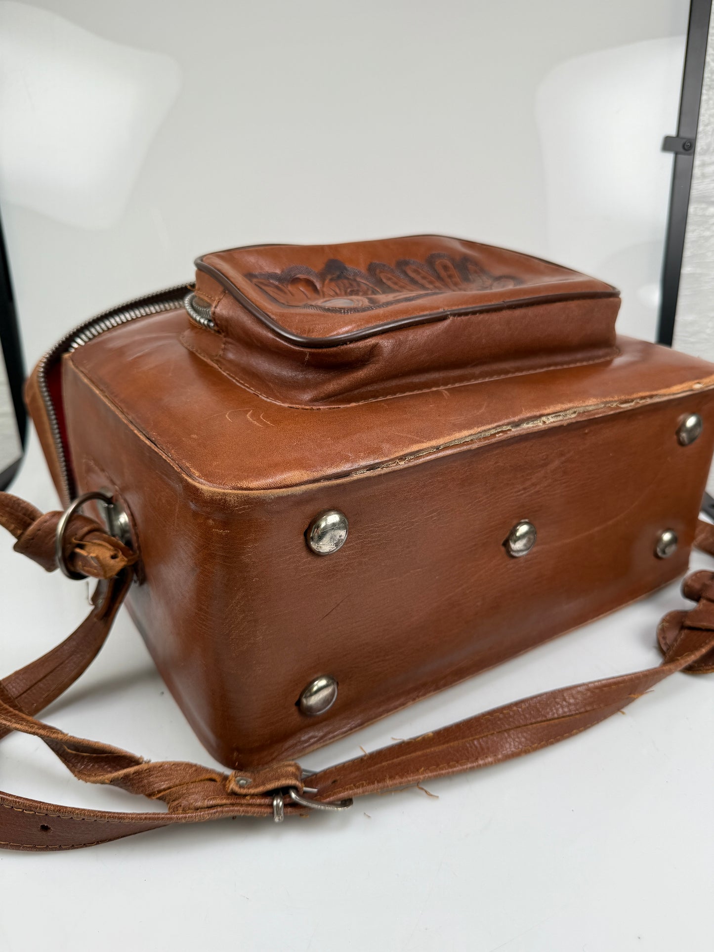 Vintage Genuine Brown Leather Camera Case Bag Mayan chichen Itza Mexico