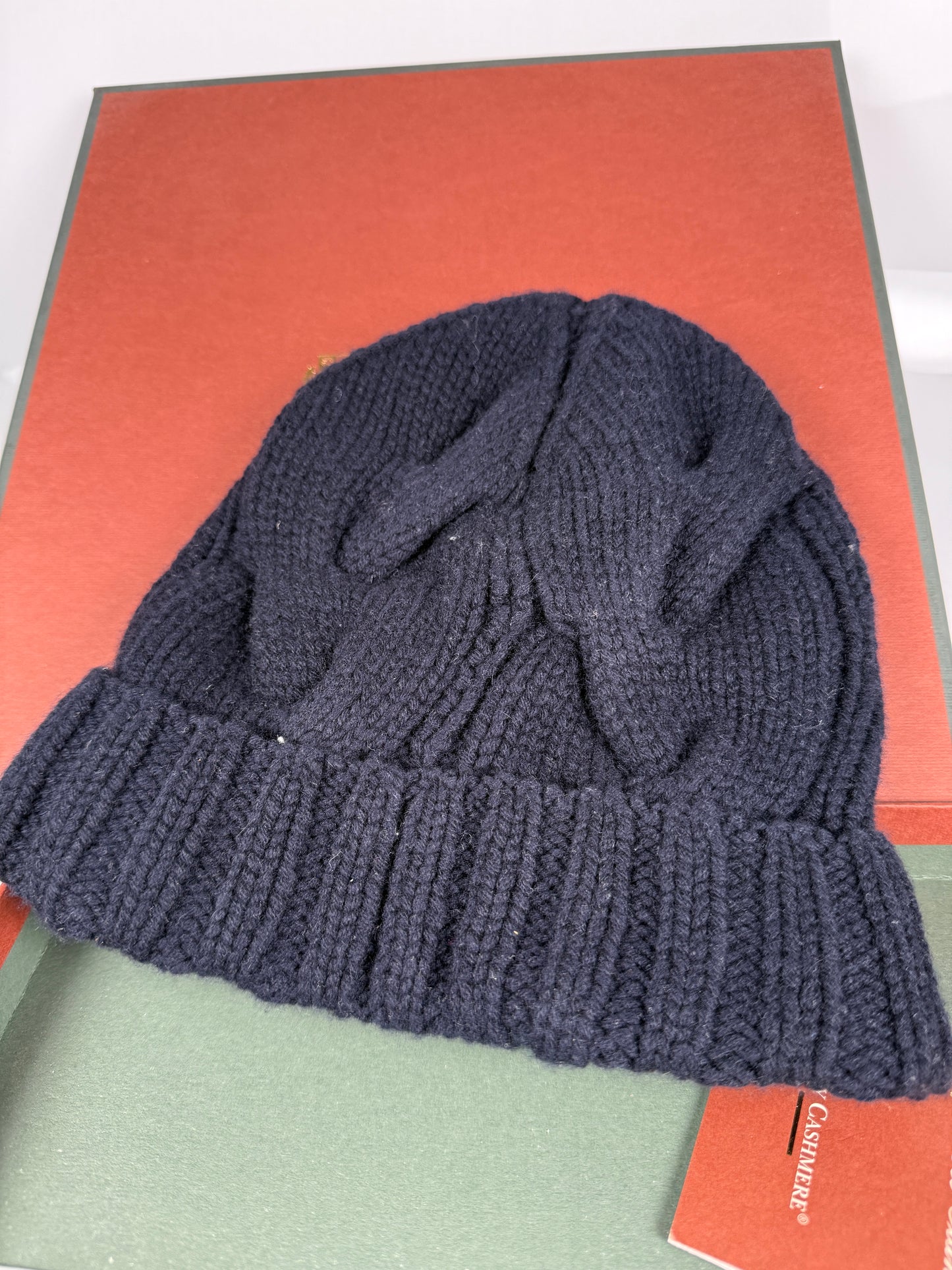 Loro Piana Baby Cashmere Cable Knit Beanie Hat, Navy Blue, One Size with shadow fox pompon