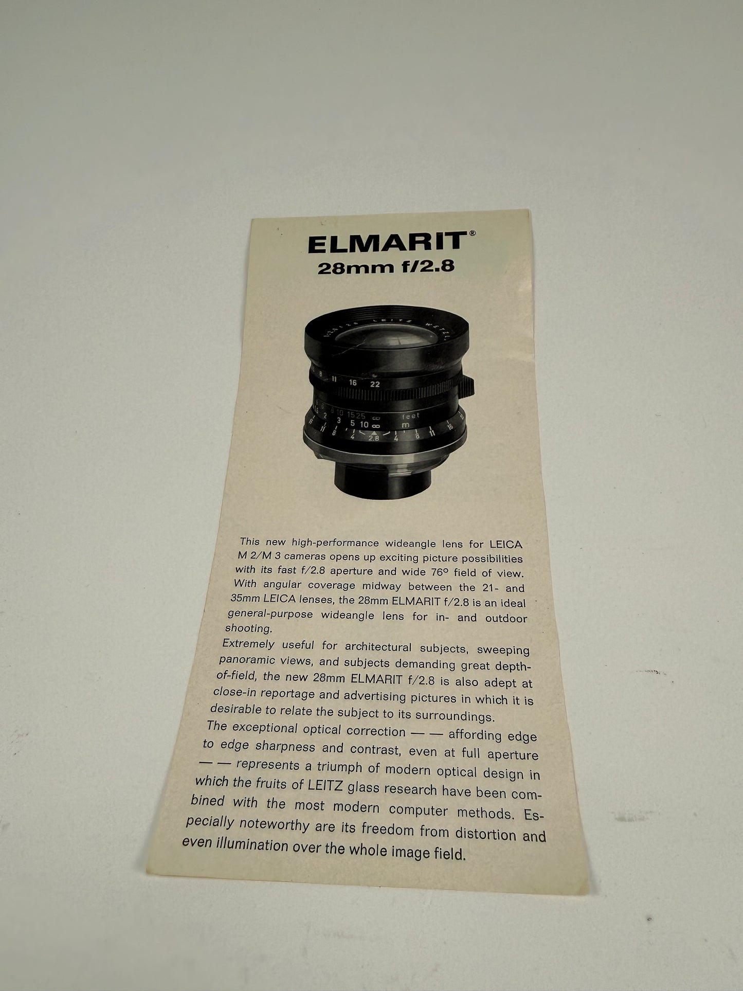 Leica 28mm f2.8 Elmarit V1 9 Element Lens brochure pamphlet RARE 1966