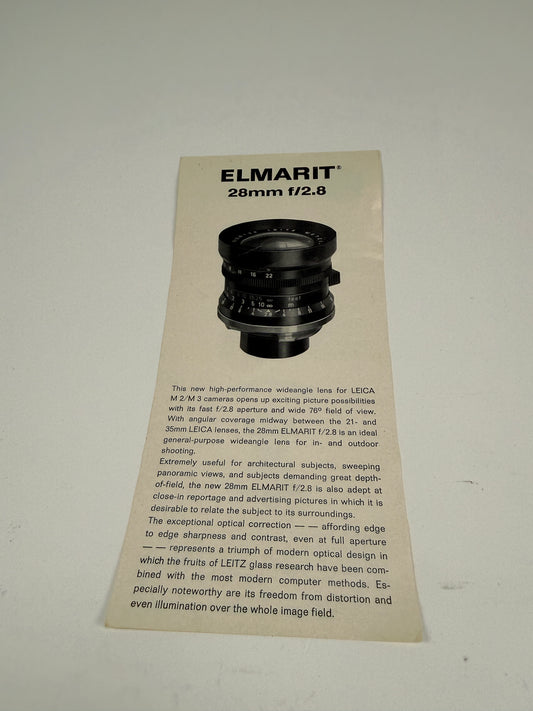 Leica 28mm f2.8 Elmarit V1 9 Element Lens brochure pamphlet RARE 1966