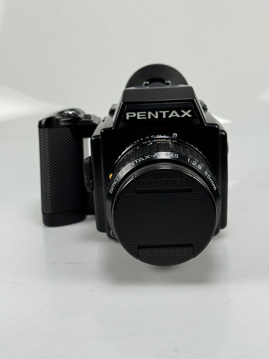 Pentax 645 Medium Format Film Camera Body 120 insert, 55mm f2.8 lens kit