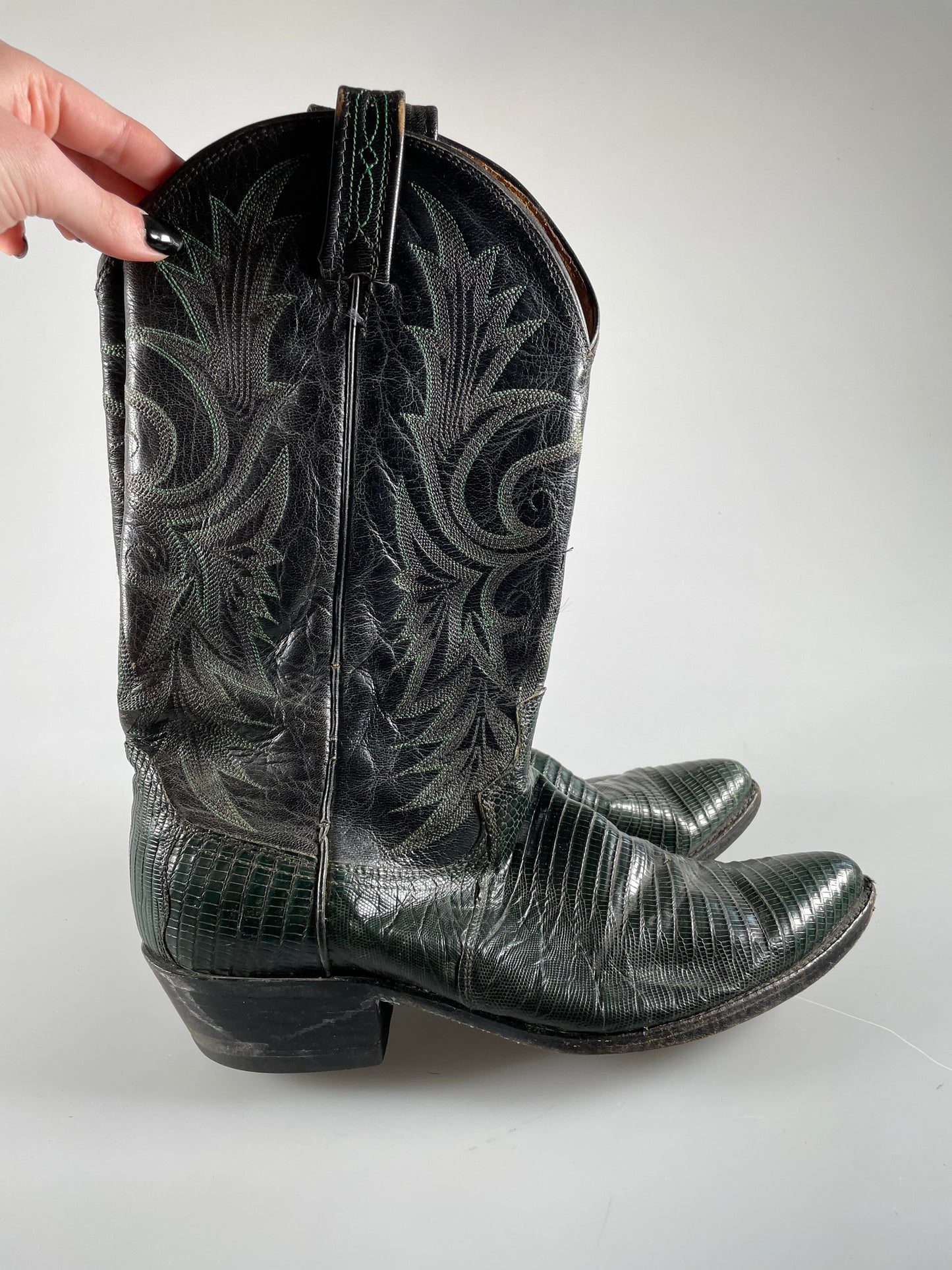 Vintage Dan Post USA 6945 Genuine Lizard Exotic Green Cowboy Boots 9.5 D