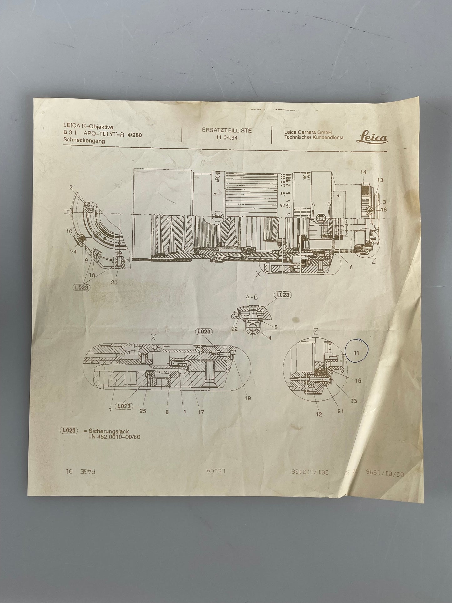 Leica cutaway repair diagram of 280mm f4 APO TELYT R Lens