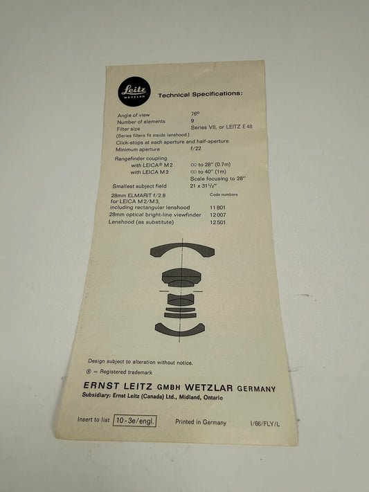 Leica 28mm f2.8 Elmarit V1 9 Element Lens brochure pamphlet RARE 1966