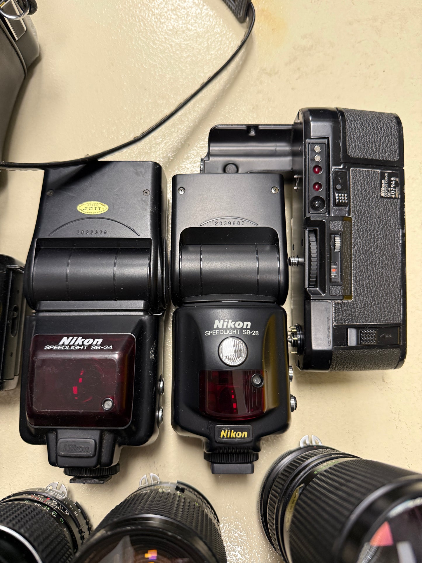Nikon Film camera equipment lot lens, flash, case