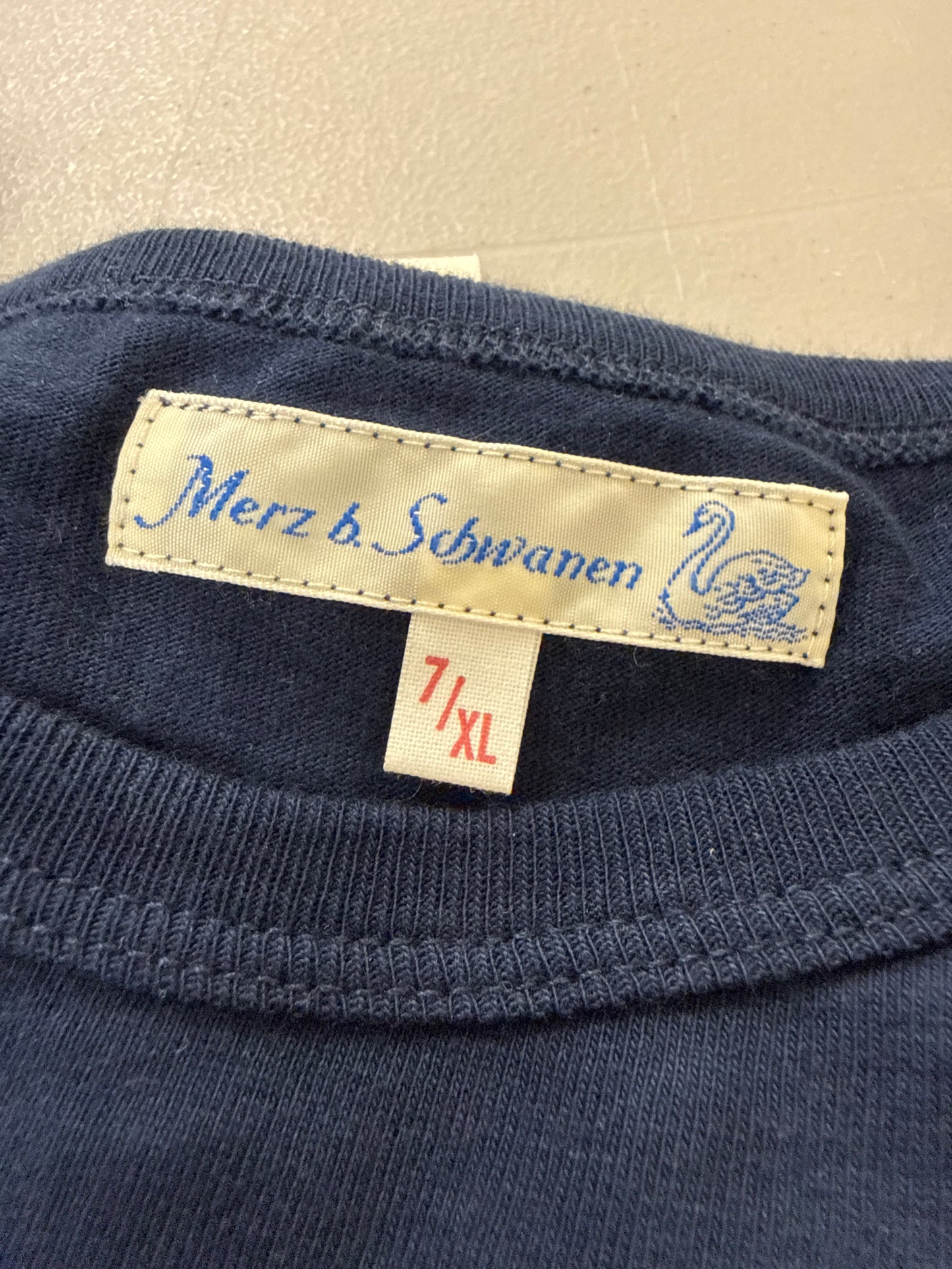 Merz B Schwanen T-Shirt Size 7 (XL) Navy Blue Loopwheeled Made in Germany