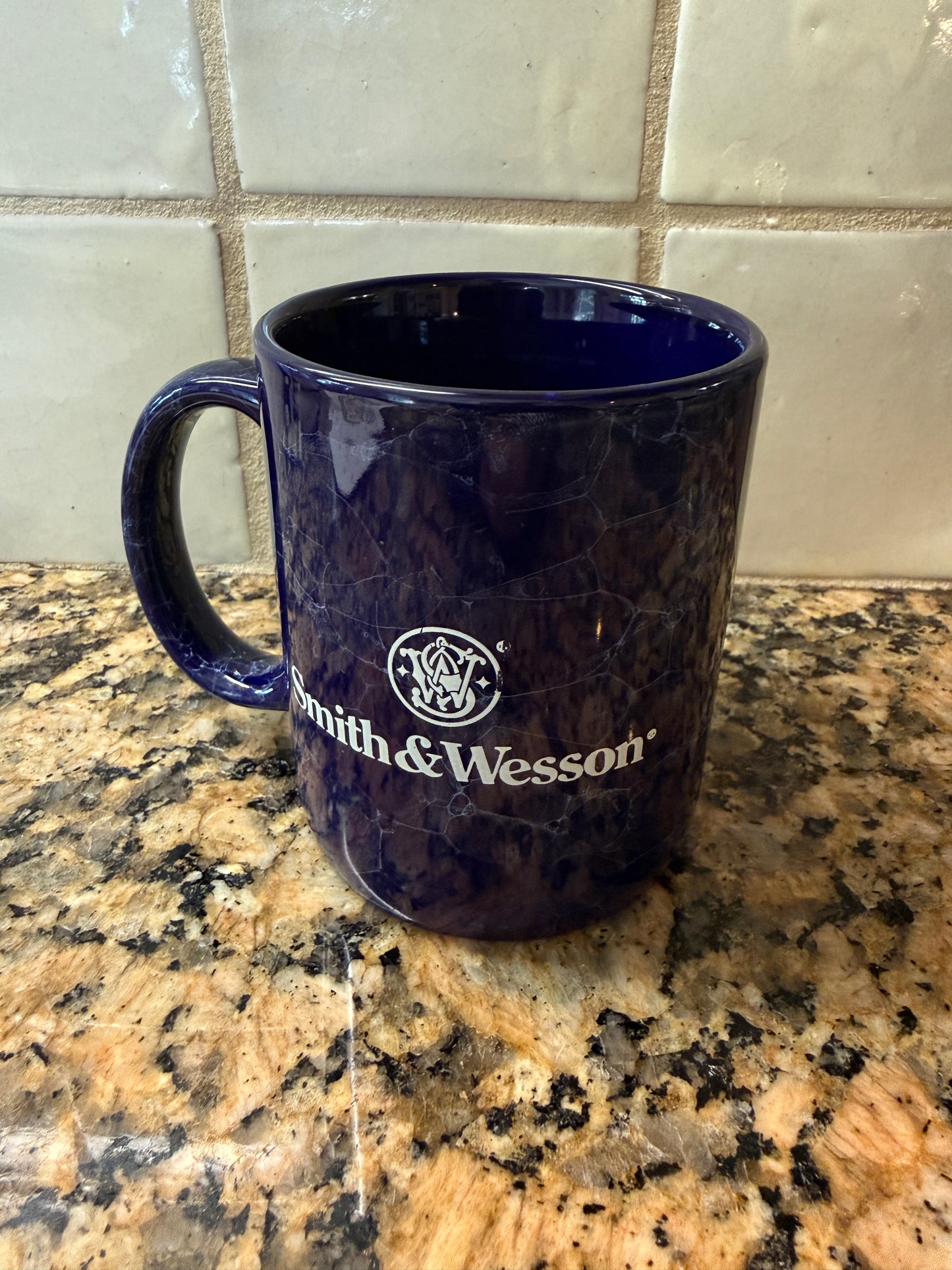 Smith & Wesson Logo 10oz Blue Marble Coffee Mug Stoneware (1496)