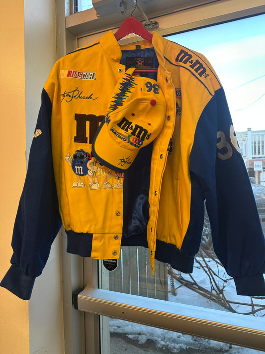 Vintage 1990s JH Design Nascar #38 Yellow & blue M&M Jacket Size Large w/ hat