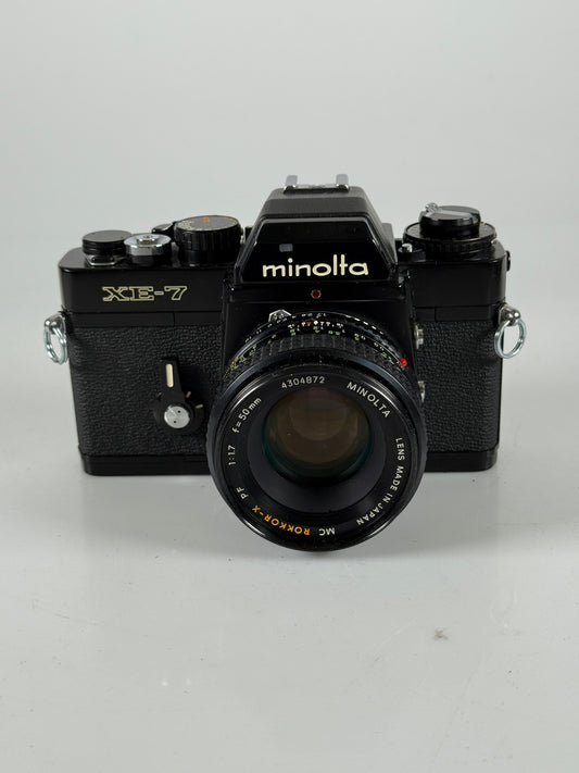 Minolta XE-7 Black 35mm SLR Film Camera w/ MD Rokkor-X PF 50mm f1.7 Lens