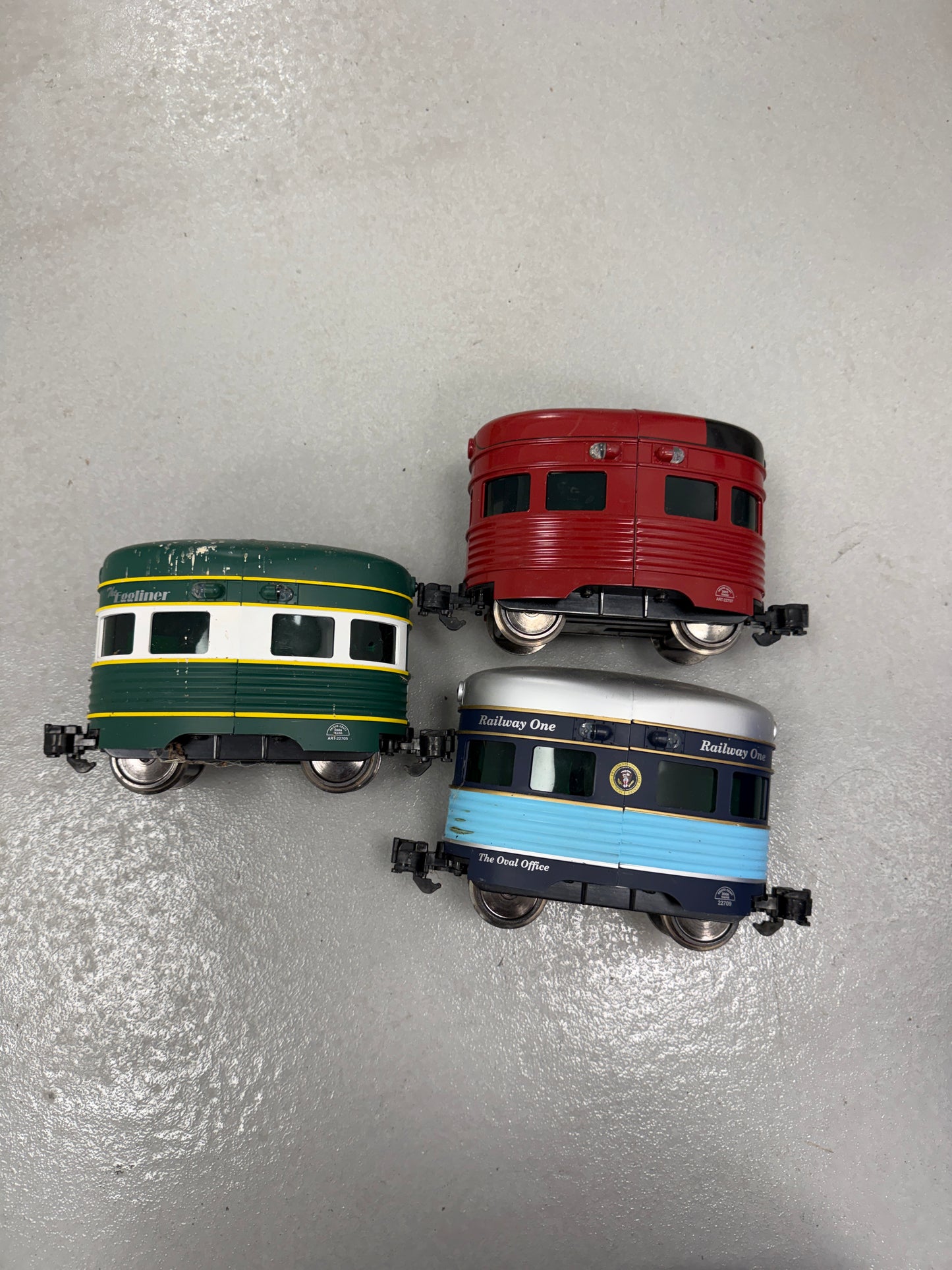 3 Aristo Craft G Scale 22707, 22705, 22709 Powered Eggliner Locomotive Lady Bug, oval office