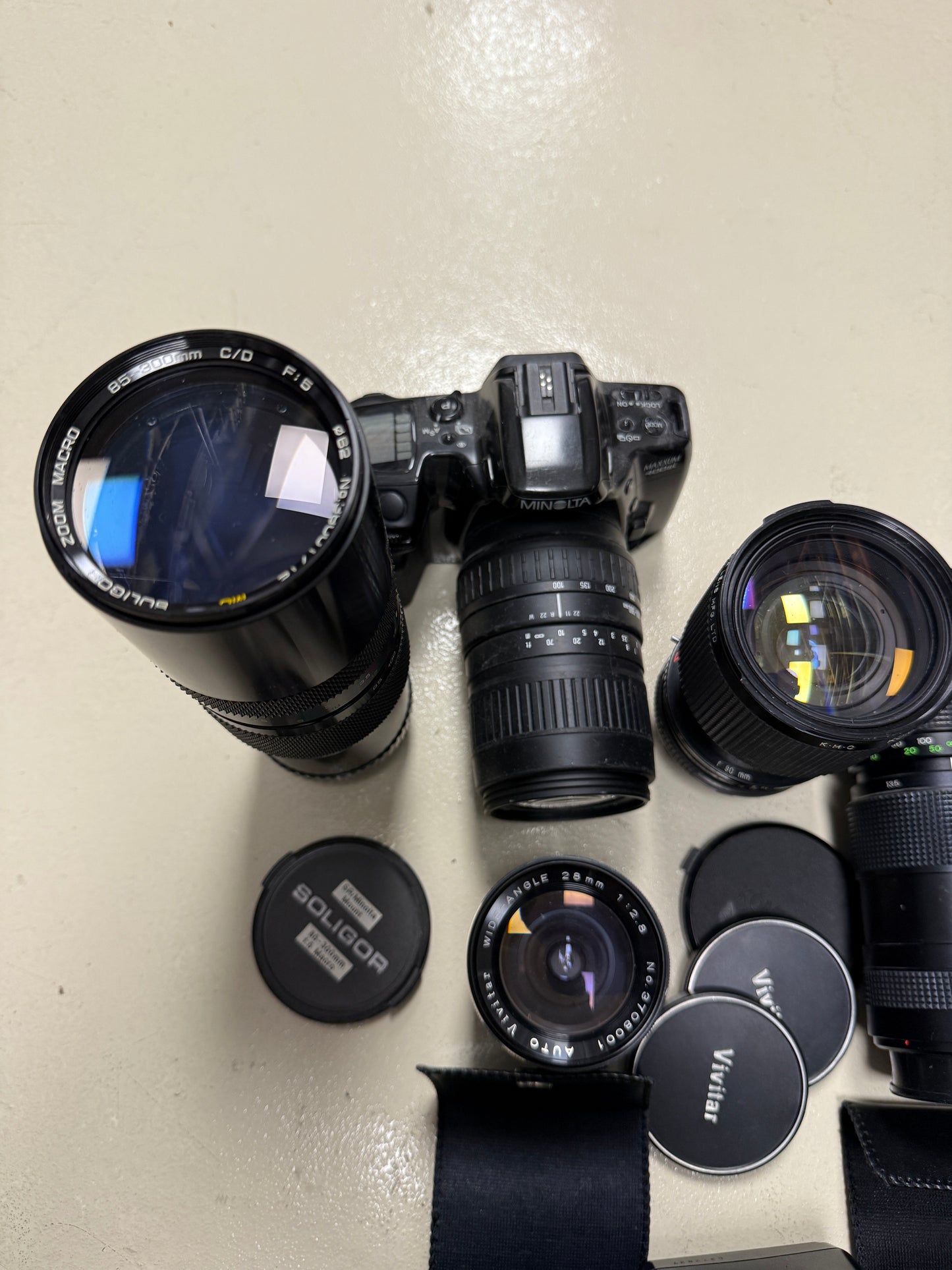 Minolta Film camera MF and AF equipment lot lens, flash