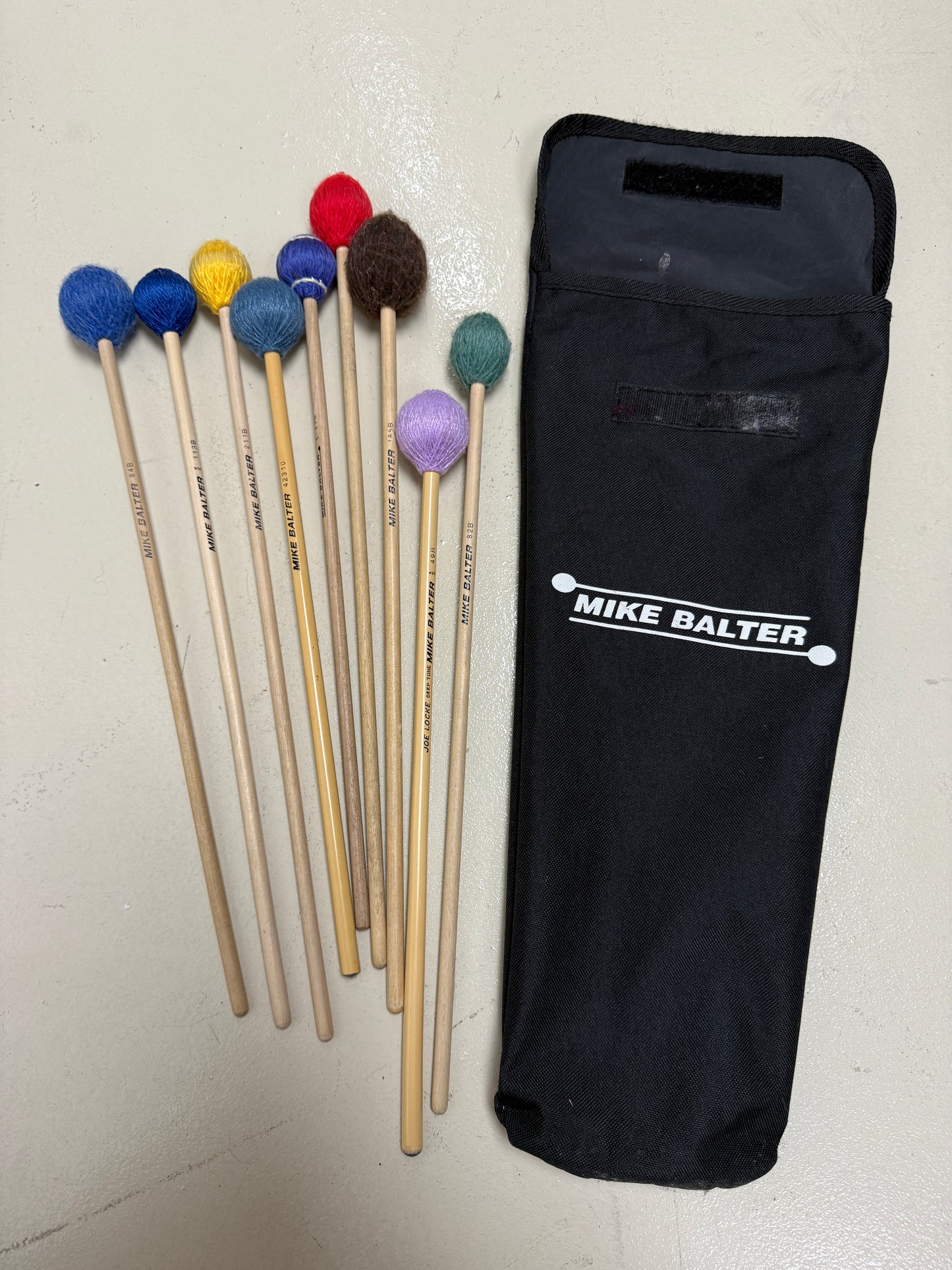 Large lot of Mike Balter mallets 82B, 49R, 195B, 84B, 113B, 211B, 214B, 23B, case