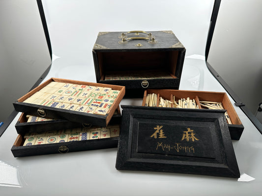 Vintage Chinese Mahjong Ma-Jong  Set Tongue & Groove Thick Tile