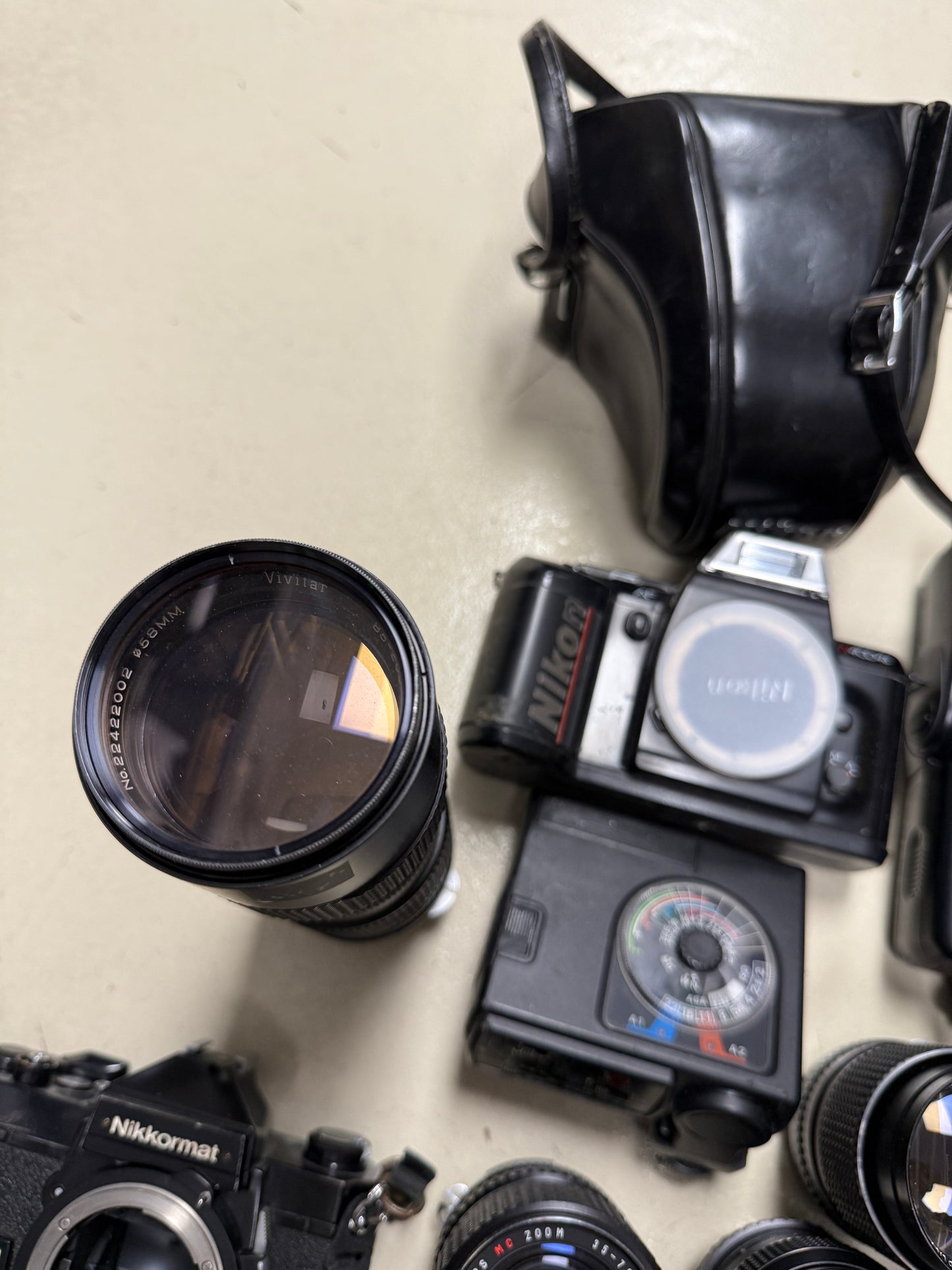 Nikon Film camera equipment lot lens, flash, case