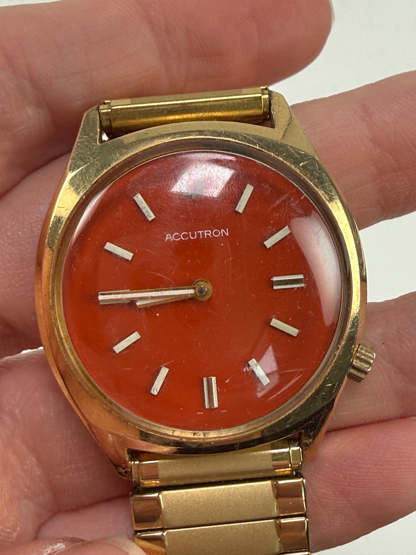 RARE VINTAGE BULOVA ACCUTRON TUNING FORK Gold tone men’s watch Orange dial