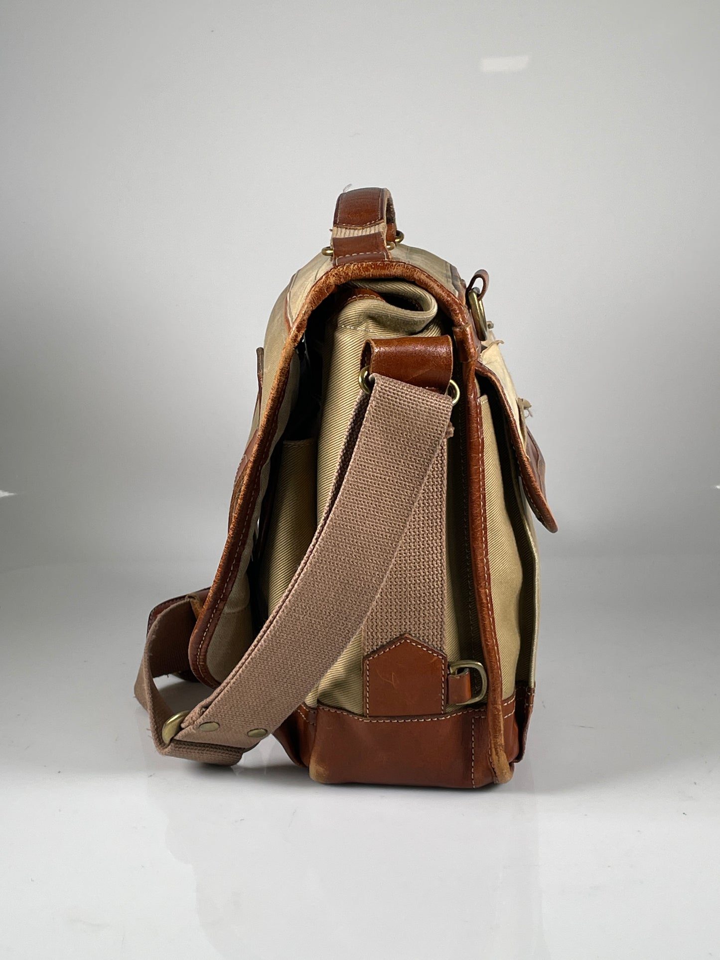 Fogg Jazz Camera Bag Satchel khaki tan Fabric & brown leather