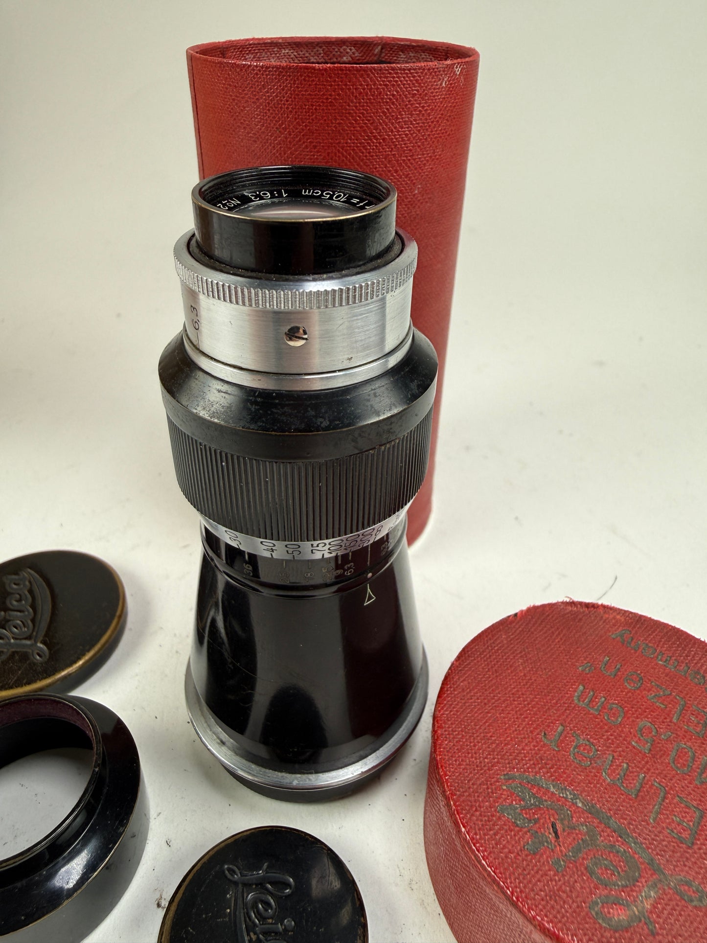 Leica Mountain Elmar 10.5cm F6.3 Nickel Plated SM Lens with Cap & Hood