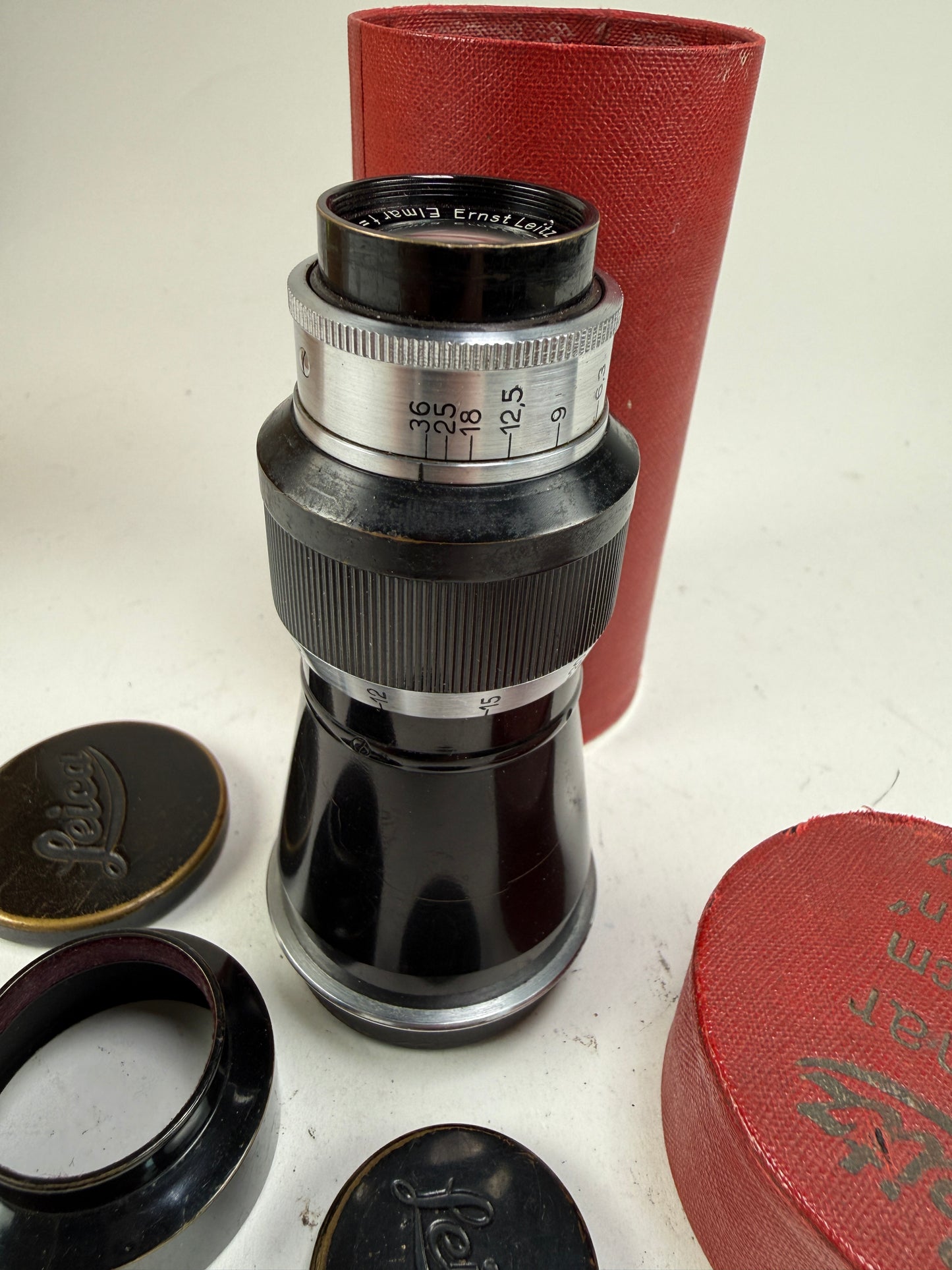 Leica Mountain Elmar 10.5cm F6.3 Nickel Plated SM Lens with Cap & Hood