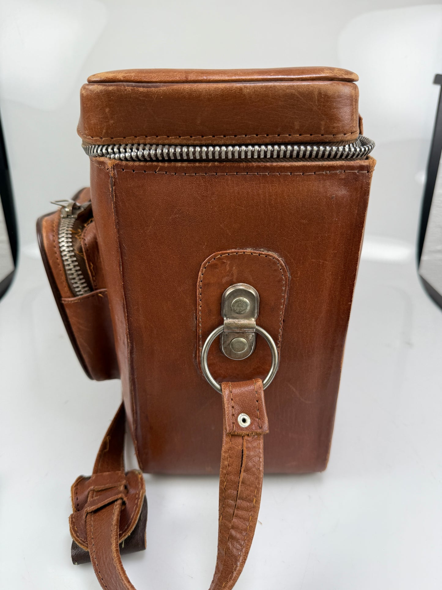 Vintage Genuine Brown Leather Camera Case Bag Mayan chichen Itza Mexico