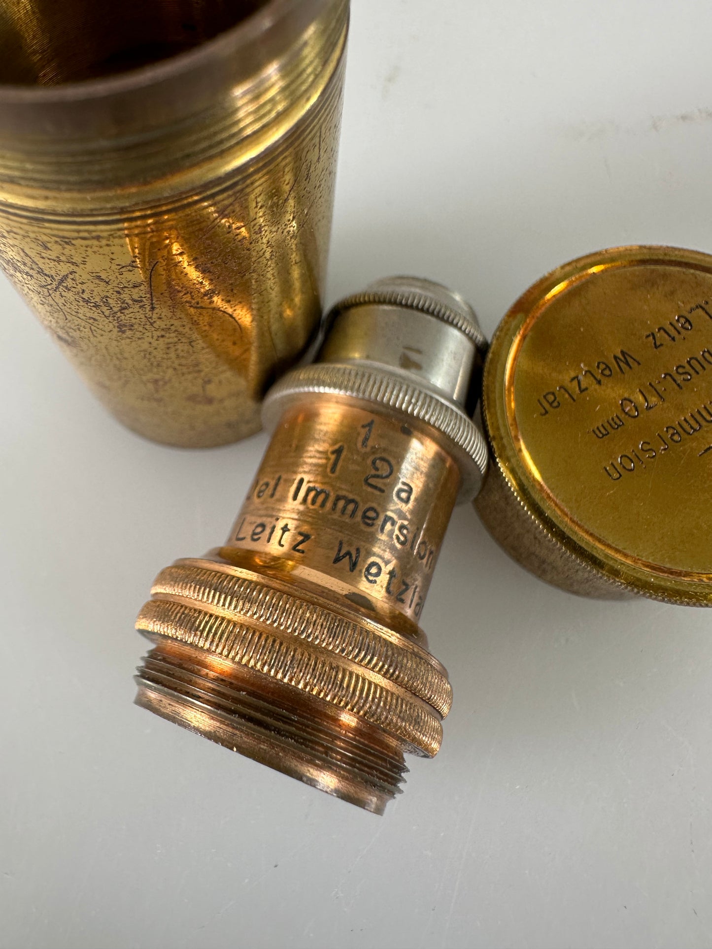 Leica LEITZ Wetzlar Brass Microscope lens OBJECTIVE 1 12a OEL immersion