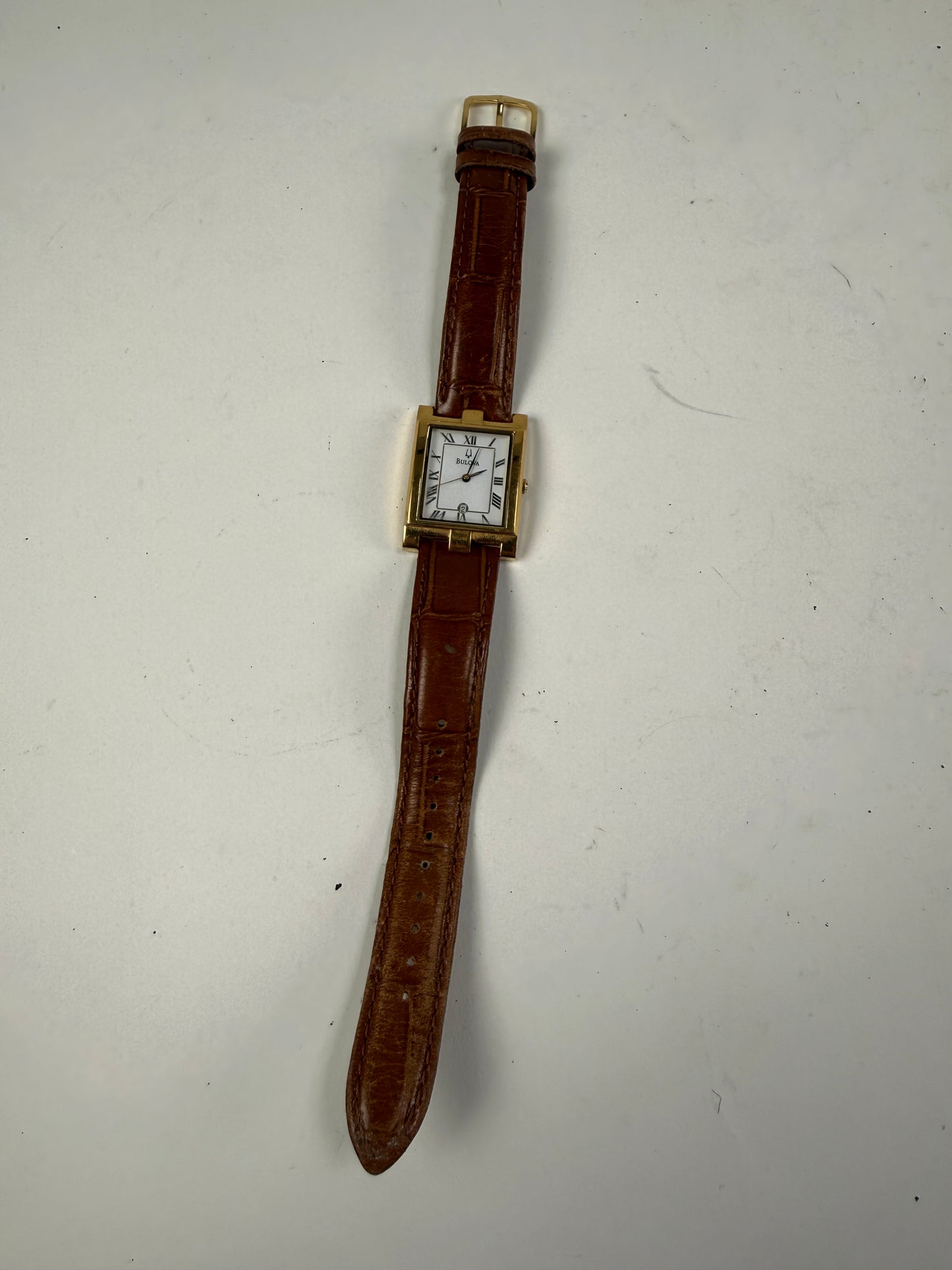 Bulova Tank Watch Men 26mm White Dial Gold Tone Date Rectangle 97B41