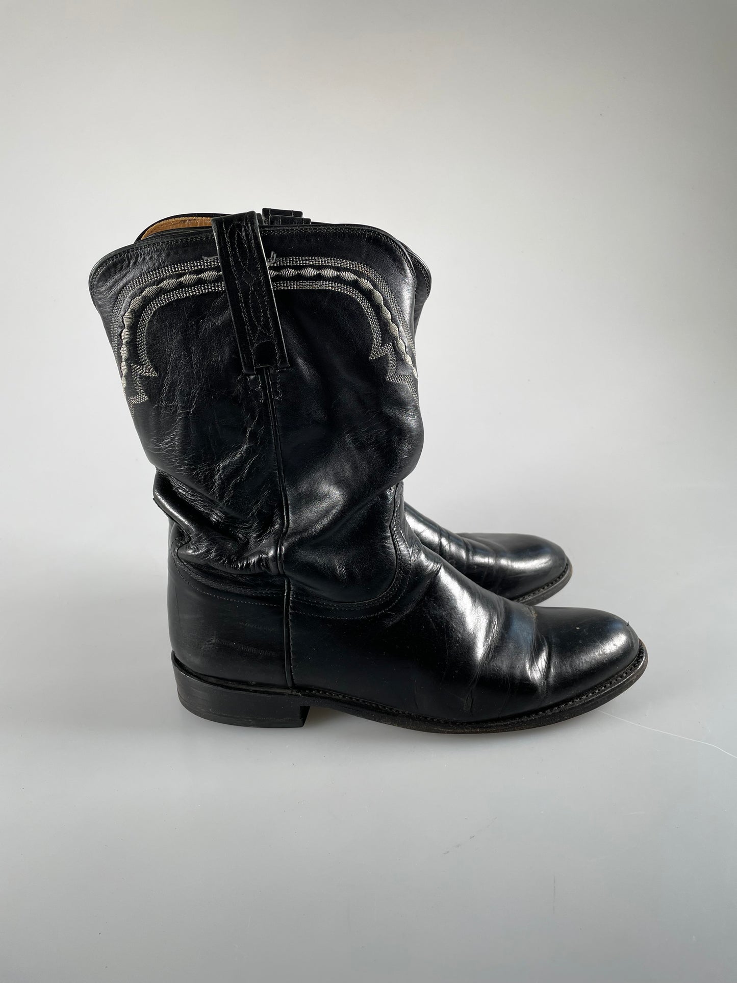 Lucchese 2000 Men Sz 10D Black Roper Western Cowboy Kangaroo Leather Embroidered