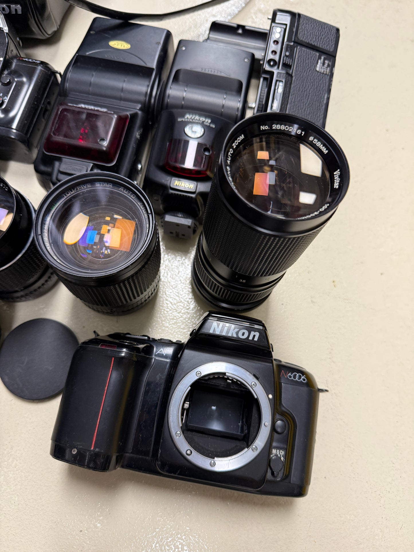 Nikon Film camera equipment lot lens, flash, case