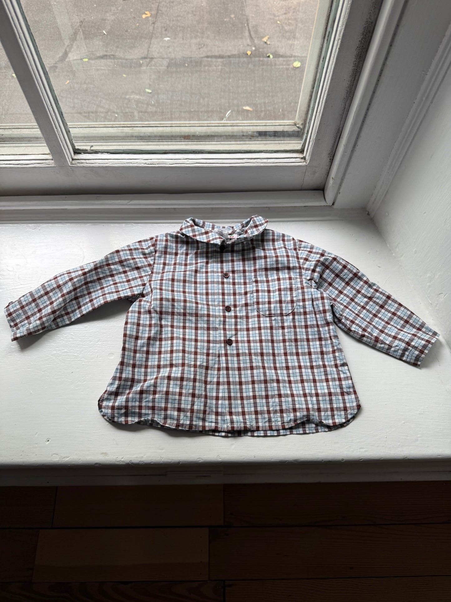 Bonpoint Unisex Baby Shirt Brown blue 12M 12 Months Long Sleeve Check Plaid