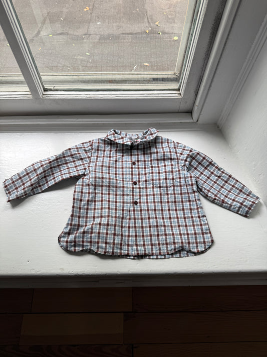 Bonpoint Unisex Baby Shirt Brown blue 12M 12 Months Long Sleeve Check Plaid