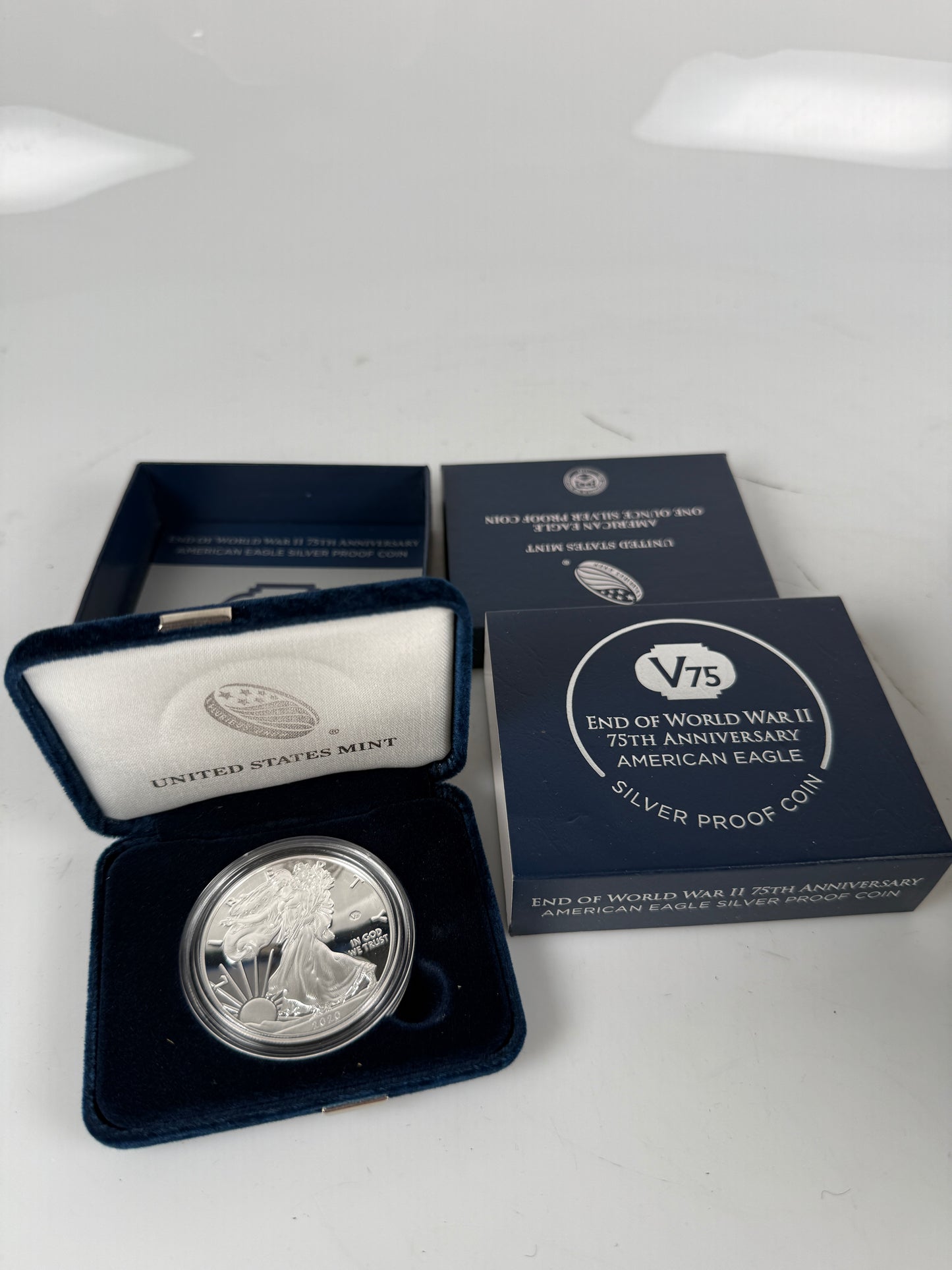 2020 W End of WWII 75th Anniversary Proof American Silver Eagle V75 Privy BoxCoa