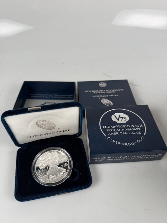 2020 W End of WWII 75th Anniversary Proof American Silver Eagle V75 Privy BoxCoa