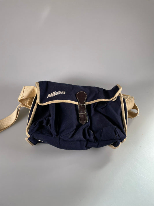 Nikon Navy Blue White Camera Canvas Bag Messenger Bag Clip Shoulder Strap Pocket