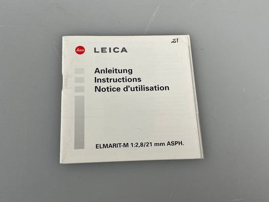 Leica Elmarit-M 21mm f2.8 ASPH lens Instruction Manual Booklet