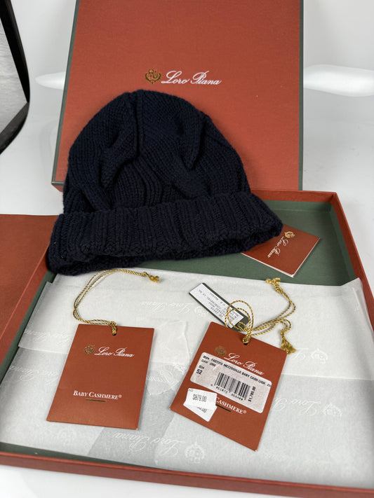 Loro Piana Baby Cashmere Cable Knit Beanie Hat, Navy Blue, One Size with shadow fox pompon