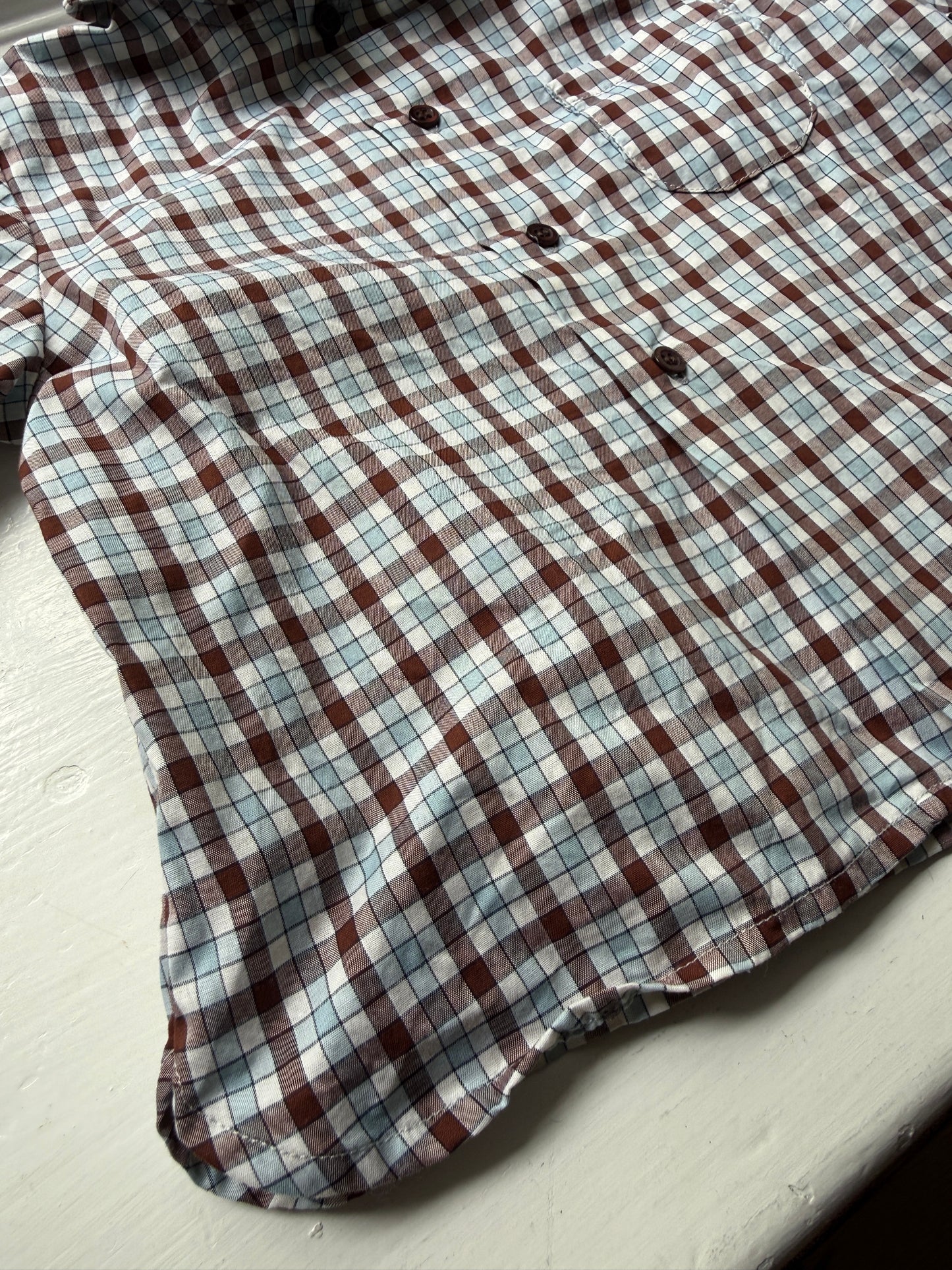 Bonpoint Unisex Baby Shirt Brown blue 12M 12 Months Long Sleeve Check Plaid