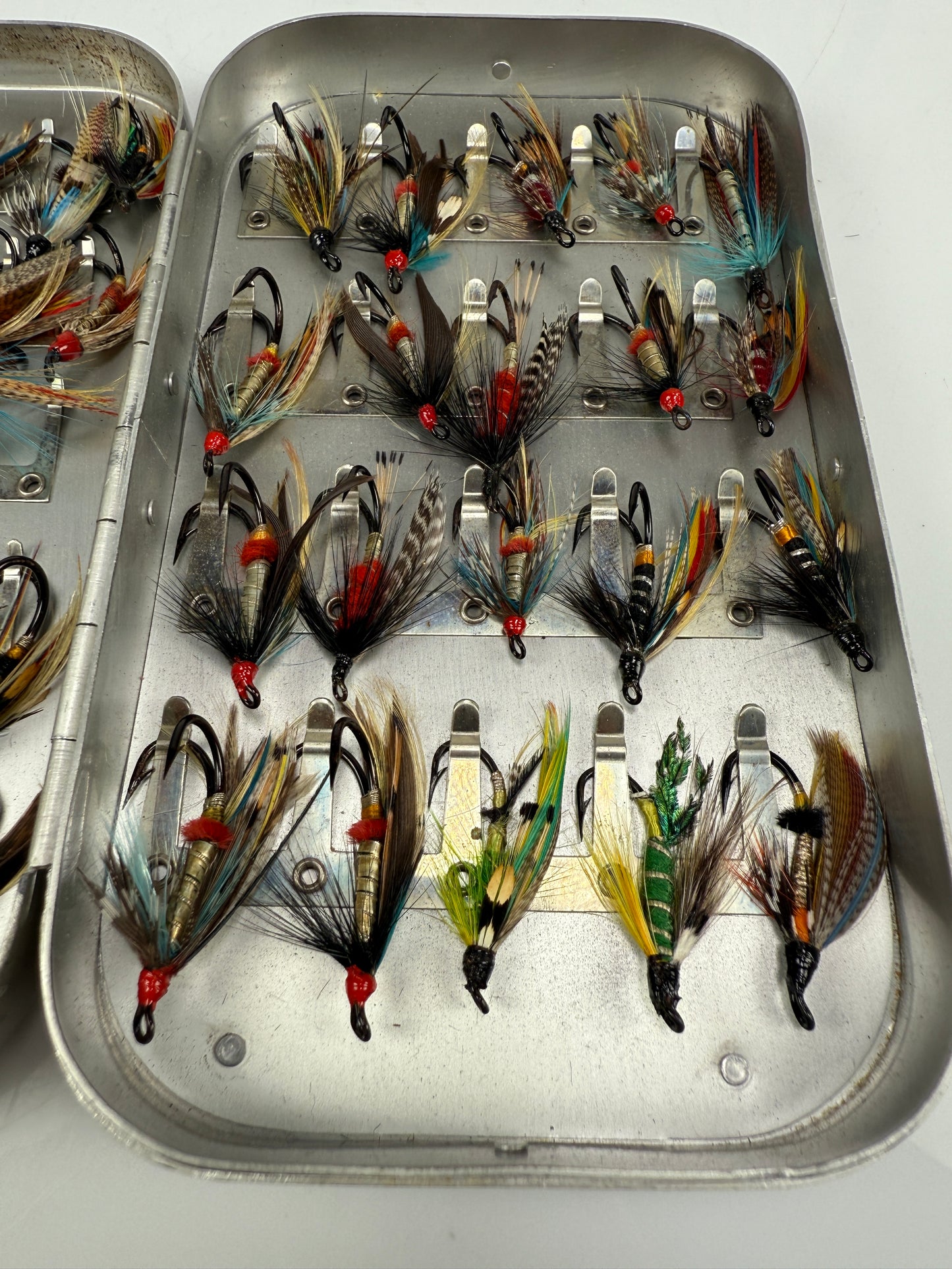 Richard Wheatley Silmalloy Aluminum Fly Box with vintage Salmon flies