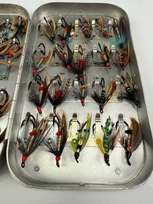 Richard Wheatley Silmalloy Aluminum Fly Box with vintage Salmon flies