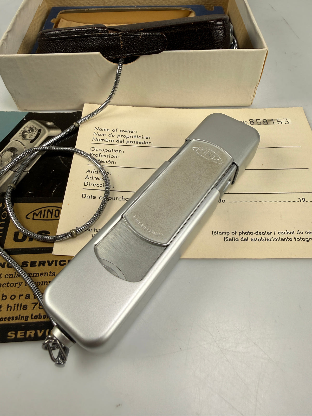 Minox B Subminiature Camera Complete Box Papers Case Chain