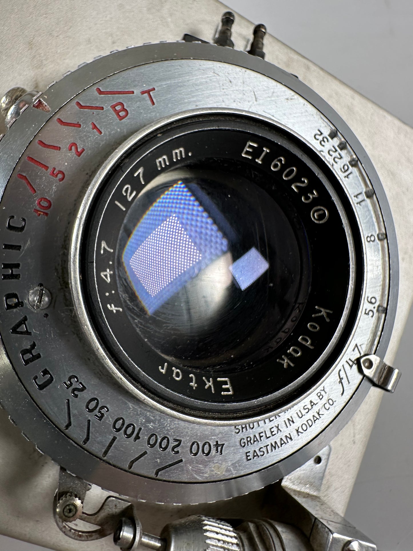 Kodak Ektar 127mm f4.7 large format lens in shutter on graflex board