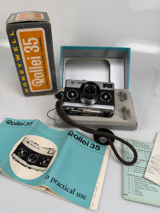 Rollei 35 Film Camera w/ Carl zeiss Tessar 40mm F3.5 Chrome Silver Honeywell Germany