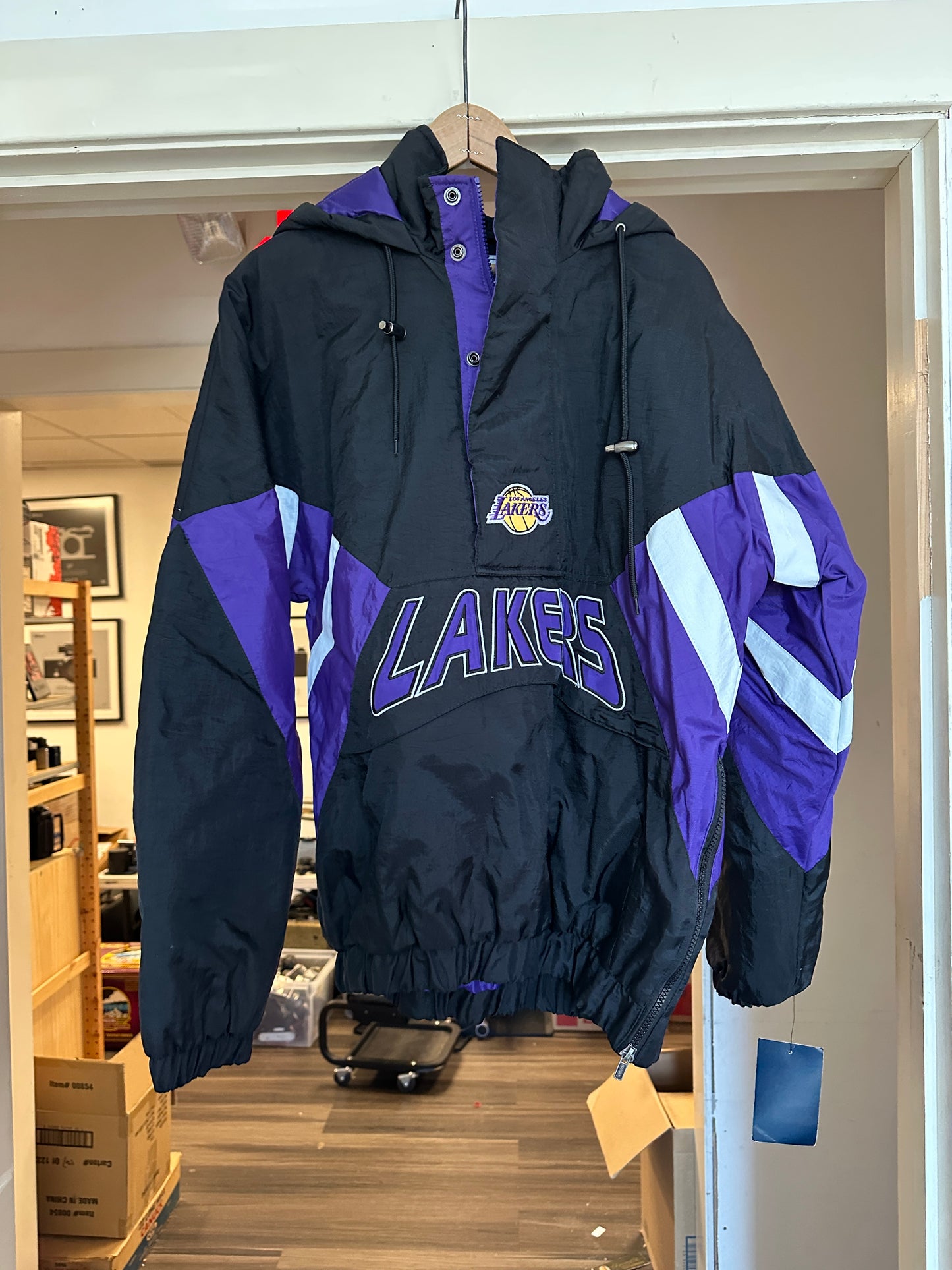 Starter Los Angeles Lakers The Line-Up Oxford Half-Zip Jacket Black/Purple NWT