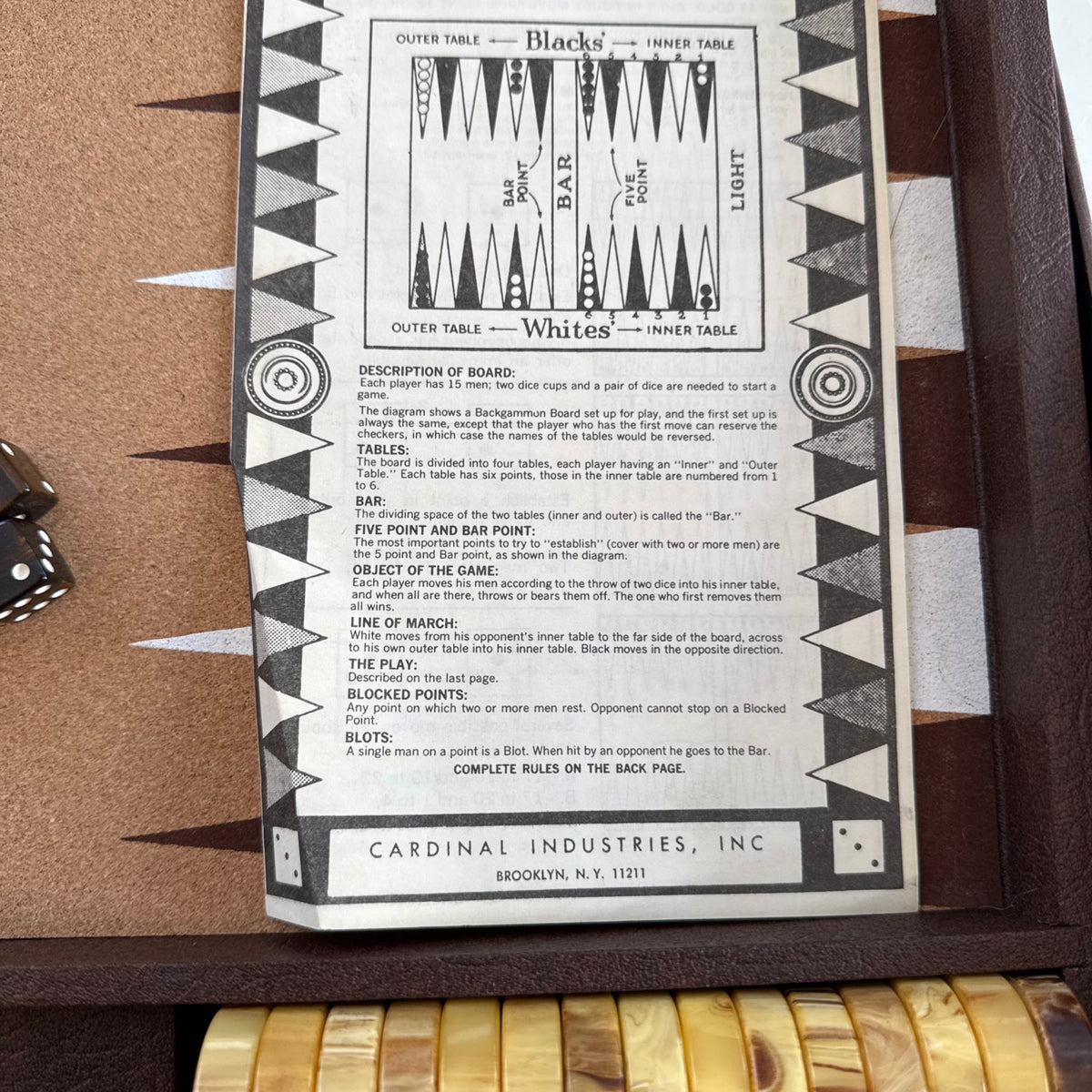 Vintage Cardinal Backgammon Board Game Set w/ with marbled bakelite checkers